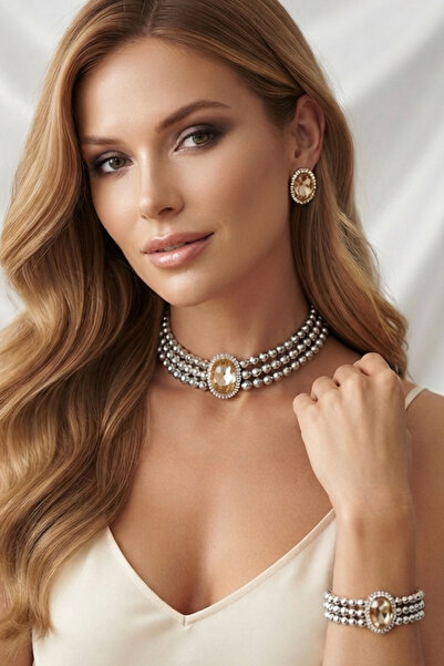 bb bridal boutique Oval Honey Stone Gray Beaded Choker Set, Gray Bead Necklac...