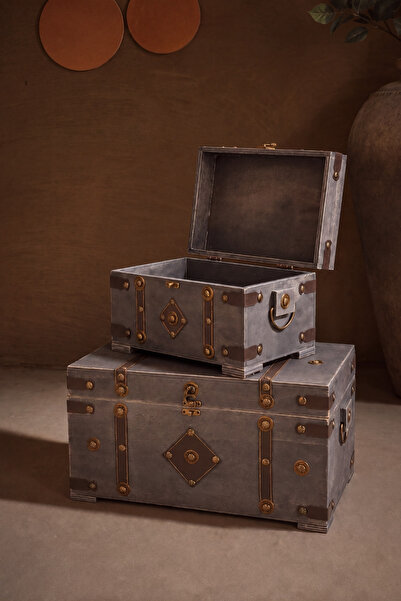 GÖNÜL Natural Handmade Set of 2 Gray Wooden Chests Decorative Organizer Multi...