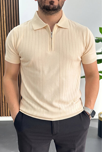 Edwox Men's Striped Patterned Polo Collar Cream Edw458