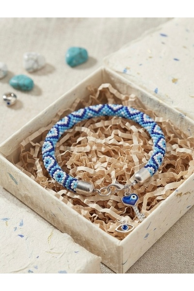 GENCATELİER Handmade Blue White Sand Bead Prisoner's Knitted Bracelet Inner Diameter 6/6.5 cm