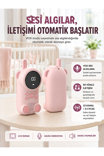 Uzun Menzilli Bebek Telsizi 1-3 Km Çekim 22 Kanal LCD Ekran VOX Şarjlı