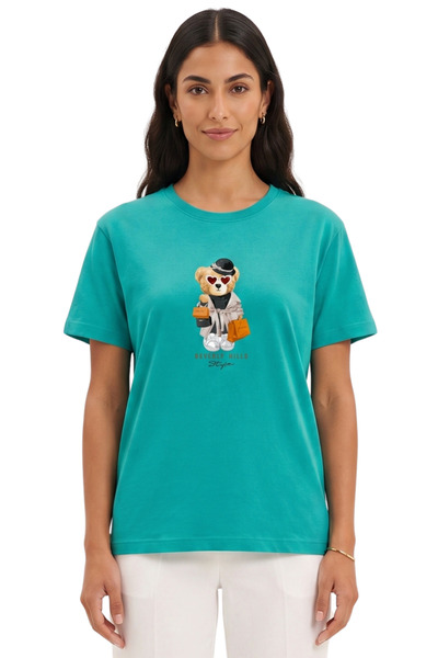 DK DAKSEL Women's Green Beverly Hills Teddy Bear Printed T-Shirt 100% Cotton ...