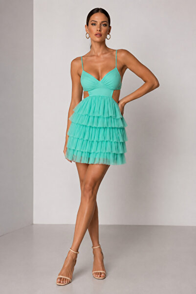 Miss Women's Layered Tulle Ruffled Rope Strap Low Waist Mini Evening Dress