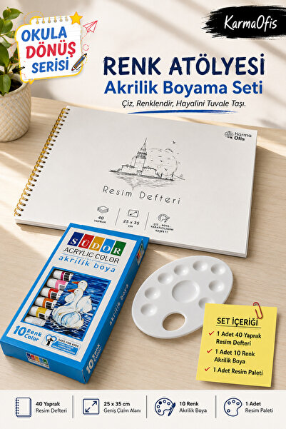 KarmaOfis Resim Defteri ve Akrilik Boya Seti 40 Yaprak 25x35 cm 10 Renk Akril...