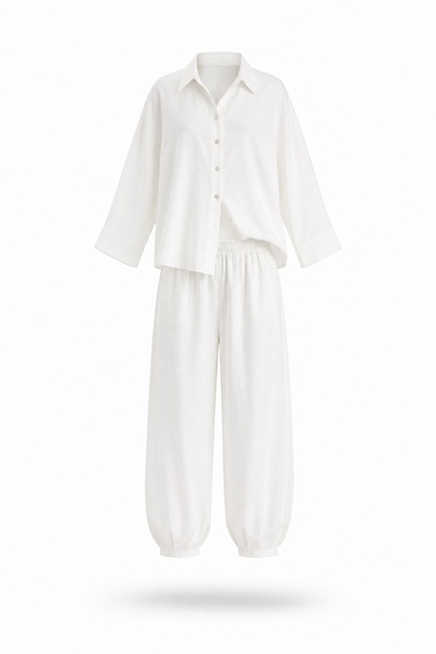 5in1Canpolat Ecru Tensel Shirt Pants Set 50957