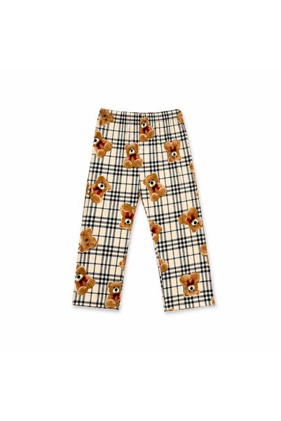 Fil Kids Girl's Cotton Suede Fabric Beige Teddy Bear Plaid Pattern Buttoned Shirt Collar Winter Pajamas with Sleep Band Black Piping