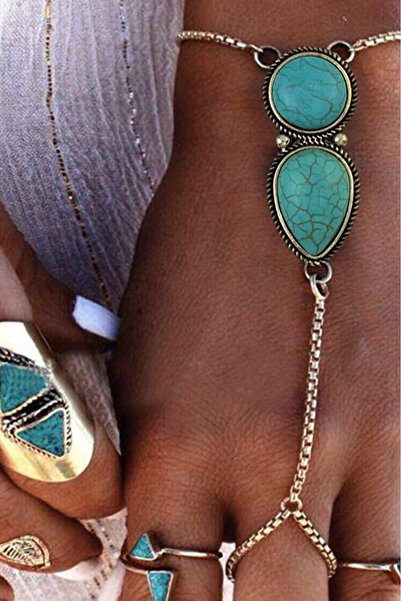 VeeShop Bratara cu inel si howlit turcoaz, model etnic indian cu lantisoare s...