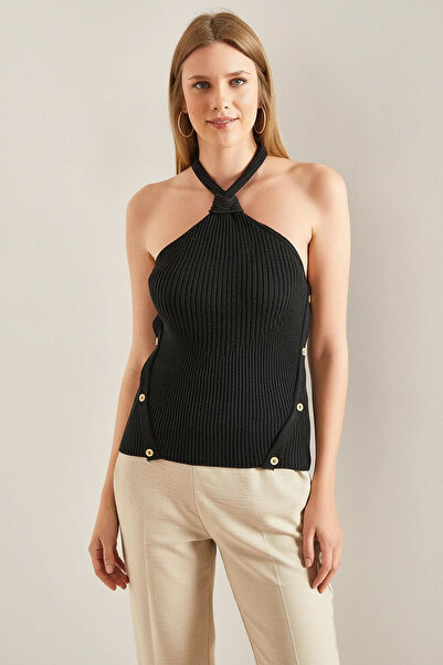 Efnaz style Women's Halter Neck Buttoned Knitwear Black Blouse