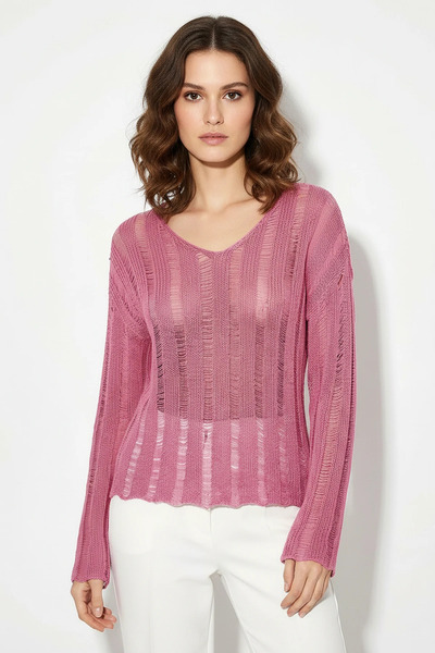 Efnaz style Women's Openwork Casual Mercerized Premium Knitwear Pink Blouse