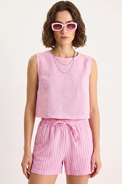 Efnaz style Women's Sleeveless Linen Candy Pink Blouse