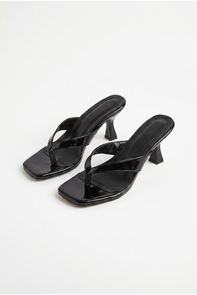 Efnaz style Women's Blunt Toe Flip Flop Heeled Slippers Sandals Black