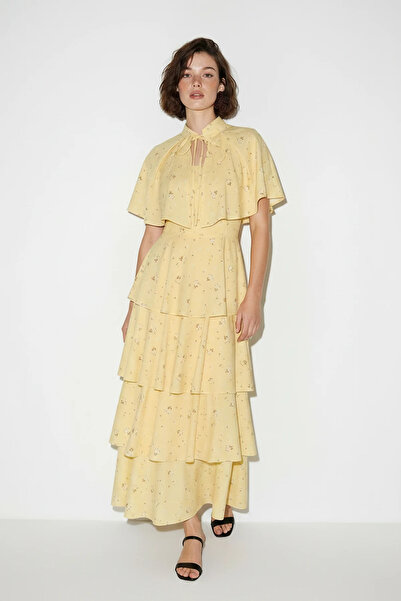 Efnaz style Women's Floral Patterned Layered Flounce Cape Long Yellow Dress