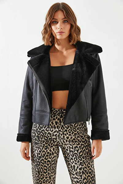 Efnaz style Women's Fur Laminated Leather Matte Black Coat