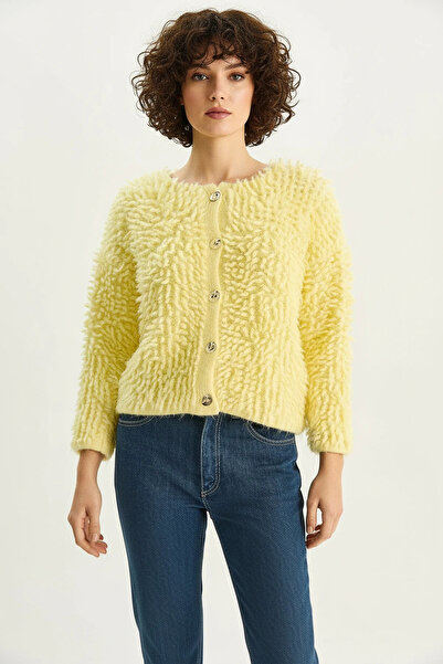 Generic Brand Women's Oversized Fringed Knitwear Yellow Cardigan