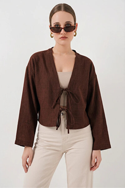 Generic Brand Women's V-Neck Front Tie Linen Brown Kimono