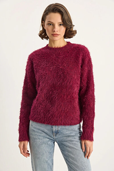 Generic Brand Women's Soft Textured Bearded Knitwear Burgundy Sweater