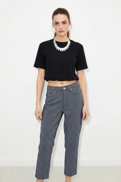 Efnaz style Women's Elastic Waist Balloon Form Crop t Shirt Black