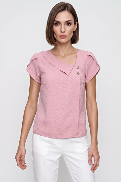 Efnaz style Women's Button Detailed Short Sleeve Comfortable Fit Pink Blouse