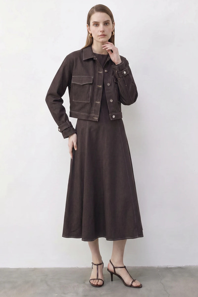 Generic Brand Women's Contrast Stitching Detailed Dress Jacket Denim Brown Set