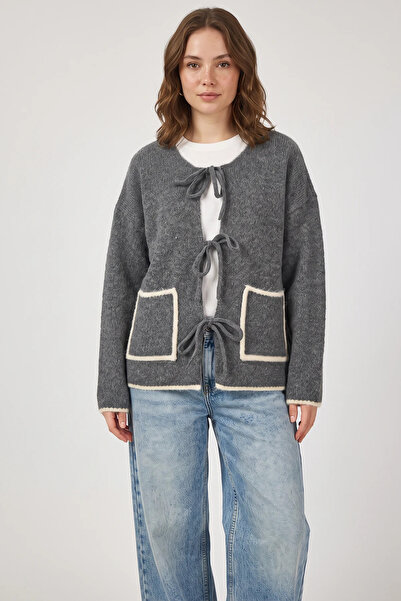 Efnaz style Women's Front Tie Pocket Detailed Knitwear Gray Melange Cardigan