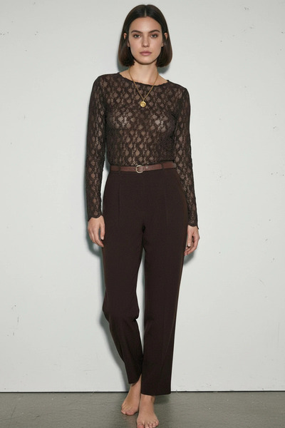 Generic Brand Women's Lycra Transparent Lace Bitter Brown Blouse
