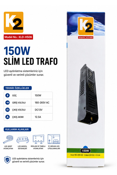 K2 150W Slim LED Trafo – DC13V 12.5A LED Şerit ve Modül Güç Kaynağı
