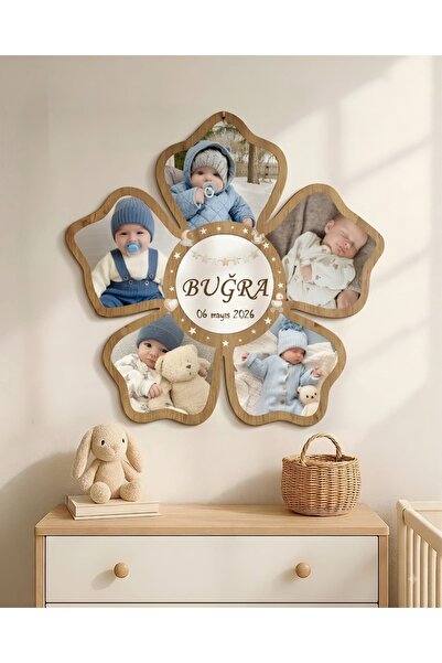 Felyagift Kişiye Özel Ahşap Yonca Fotoğraf Çerçevesi 5 Fotoğraflı İsimli Bebe...