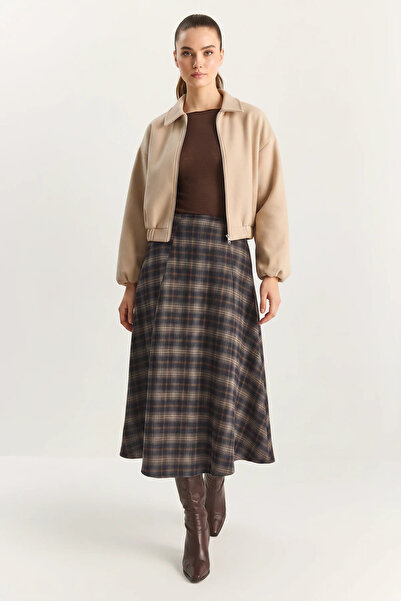 Şeker Portakalım Women's Plaid Patterned A-Line Long Beige Navy Blue Skirt with Pocket Detail