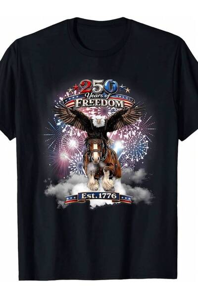 21JNRY تي شيرت 250 Years Of Freedom Patriotic Eagle And Horse 250Th، الهدية ا...