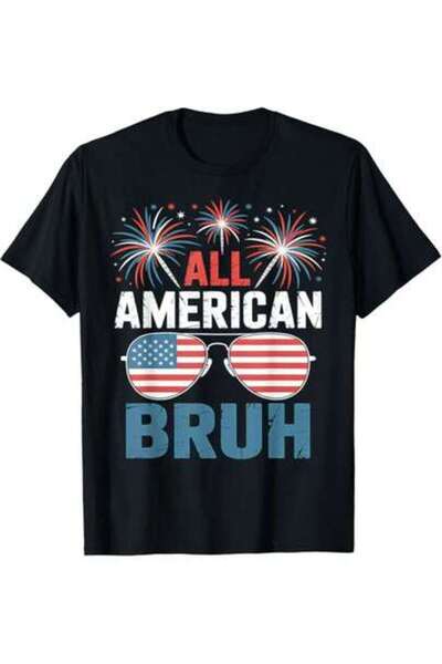 NOURAM تي شيرت American Bruh بطباعة نظارات شمسية وشعلات نارية مضحكة لعيد العم...