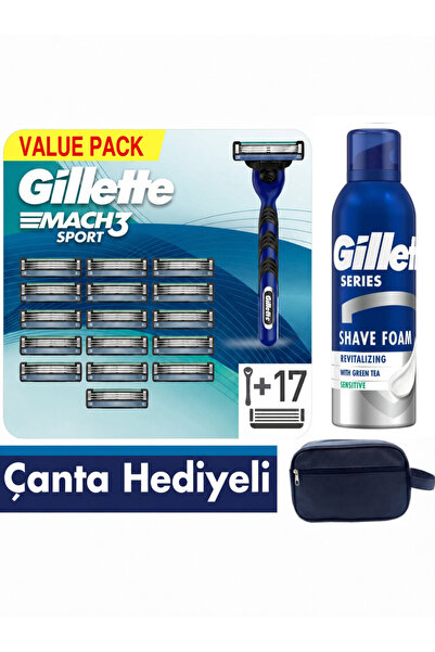 Gillette Mach3 Sport 1 Makine+17 Tıraş Bıçağı + 200ml Köpük +Çanta Hediye