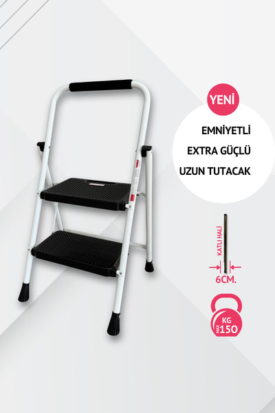 Portalife 2 Basamaklı Ekstra Uzun Tutacaklı Beyaz Merdiven - Güçlü Gövde - Ka...