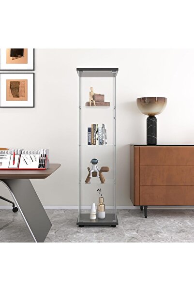 MODERN 64'' 4-Shelf Glass Display Cabinet in Clear with Door, Curio Cabinet C...