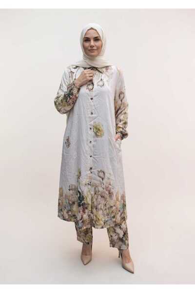 ECE GİYİM Women's Tunic with Front Buttons, Pockets, Patterned Collage, Elast...