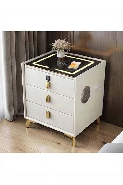 NKX Multifunctional Three drawers Bedside Table with LED Lighting, Wireless C...