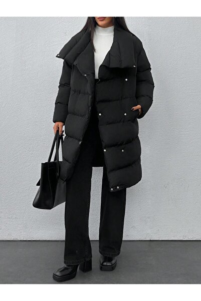 ladyzey Women's Black Shawl Collar Double Pocket Snap Closure Long Puffer Coat