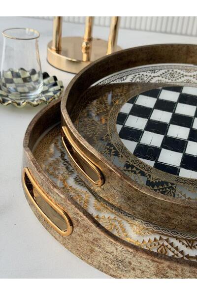 ROSSEV Antique Wood Look Glass Tray 2-Piece Checkerboard