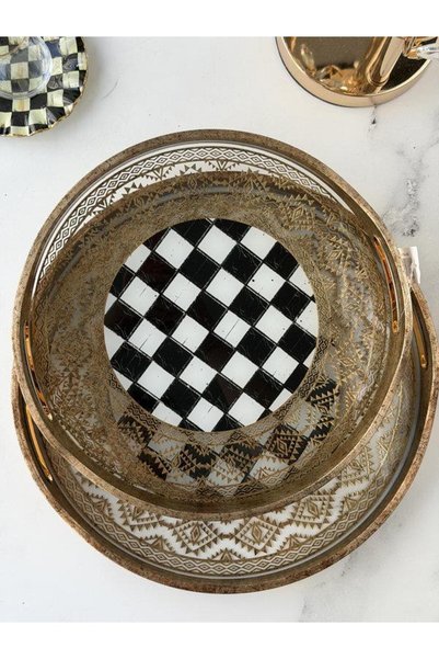 ROSSEV Antique Wood Look Glass Tray 2-Piece Checkerboard
