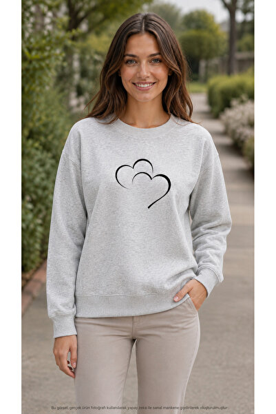 caddekombin Women's Double Heart Printed Round Neck Long Sleeve Sweatshirt