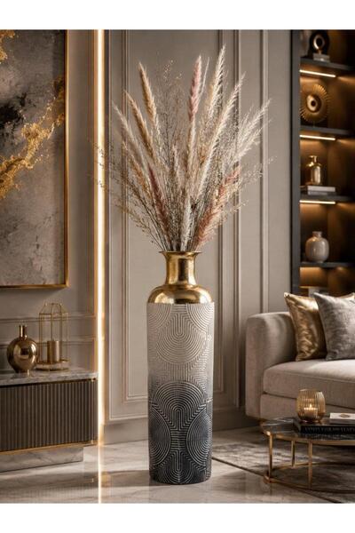 ROSSEV Vase Antique Metal Cream Gray Gold Detailed Decorative 63cm