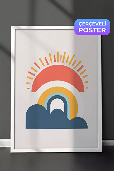 Zestia Pictură murală de artă minimalistă cu ramă albă, raze de curcubeu și p...