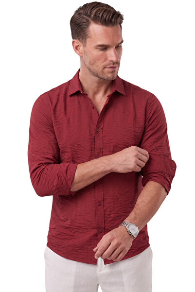 DeepSEA Men's Burgundy Relaxed Fit Wrinkle Textured Non-Iron Summer Shirt 260...
