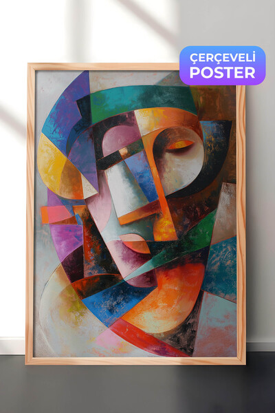 Zestia Pictură murală modernă cubistă cu ramă din lemn, portret abstract colo...