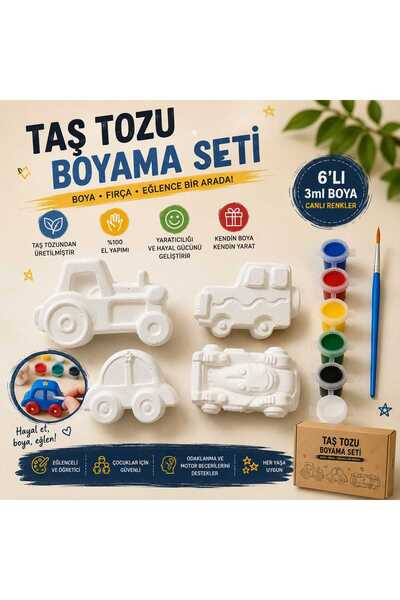 4’lü Taş Tozu Araç Boyama Seti | Araba, Kamyon, Otomobil ve Araç Figürleri | 6’lı 3 ML Boya | Fırça | Aktivite | Boyama Seti