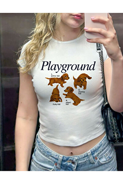 designedfy Kadın Playground Baskılı Pamuklu Likralı Crop Beyaz