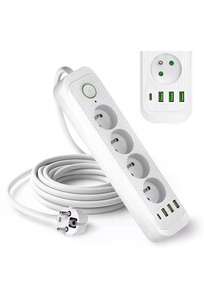 Kobi Prelungitor cu 4 prize, 3m, alb, cu 4 porturi USB și întrerupător