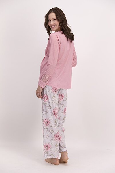 Pierre Cardin Çiçekli Açık Pembe Kadın Geniş Paça Lohusa Pijama Takımı
