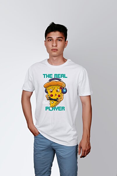 ErTaPassage White Cool Pizza Gamer cu imprimeu Bărbați tricou - T6760095