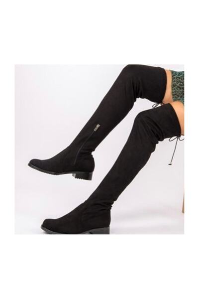 HAVVA SHOES Kadın Siyah Süet Diz Üstü Çorap Çizme Düz Taban