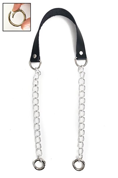 Alfa Tasarım Gerçek Deri Ve Zincir, Yaylı Halka Takım Çanta Sapı (75 Cm) - Gümüş Aksesuar Siyah Renk